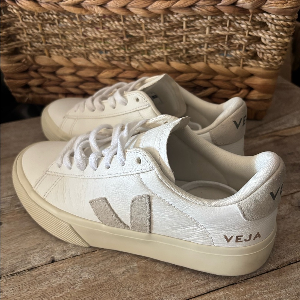 Veja Cream and White Leather Sneakers